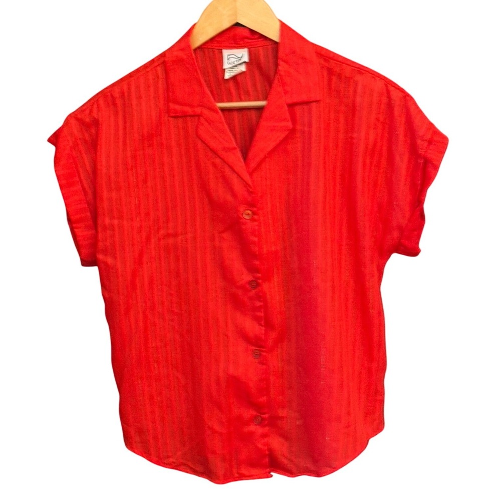 Vintage West Red Button Up Top Camp Collar Metallic Stripe Retro Shimmer 34